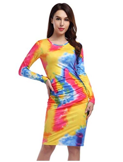 GloryStar Women's Long Sleeve Ruched Midi Bodycon Sheath Pencil T Shirt Dress