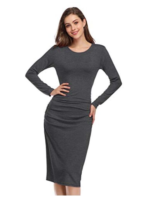 GloryStar Women's Long Sleeve Ruched Midi Bodycon Sheath Pencil T Shirt Dress