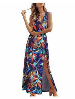 KILIG Women's Sexy Deep V-Neck Sleeveless Floral Print Split Long Maxi Casual Wrap Dress with Pockets