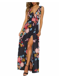 KILIG Women's Sexy Deep V-Neck Sleeveless Floral Print Split Long Maxi Casual Wrap Dress with Pockets