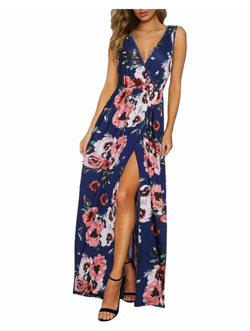 KILIG Women's Sexy Deep V-Neck Sleeveless Floral Print Split Long Maxi Casual Wrap Dress with Pockets