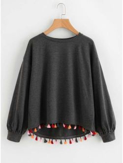 Colorful Tassel Trim Dip Hem Heathered Pullover