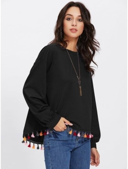 Colorful Tassel Trim Dip Hem Heathered Pullover