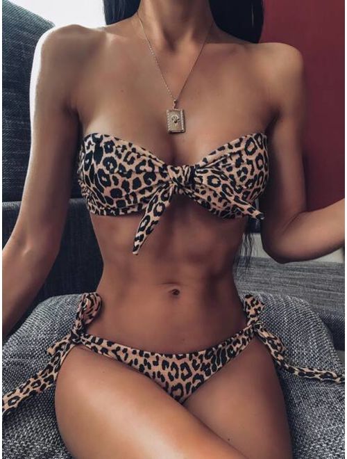 Leopard Knot Bandeau With Tie Side Bikini