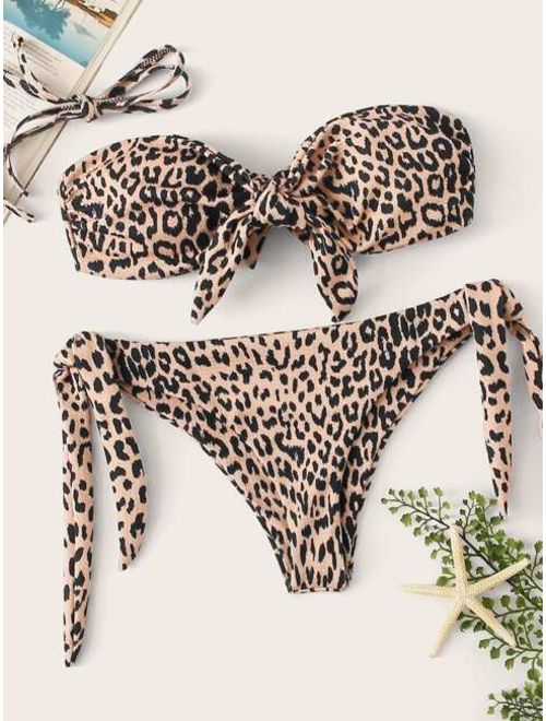 Leopard Knot Bandeau With Tie Side Bikini