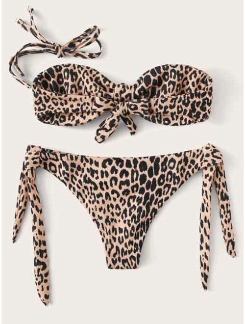 Leopard Knot Bandeau With Tie Side Bikini