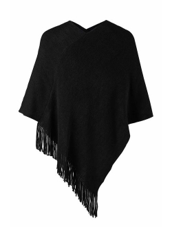 LIKIN Womens Poncho Sweater V Neck Solid Knit Pullover Cape Lightweight Shawl Elegant Wrap with Fringes