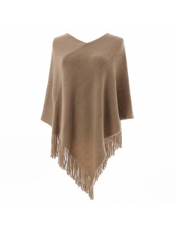 LIKIN Womens Poncho Sweater V Neck Solid Knit Pullover Cape Lightweight Shawl Elegant Wrap with Fringes