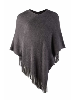 LIKIN Womens Poncho Sweater V Neck Solid Knit Pullover Cape Lightweight Shawl Elegant Wrap with Fringes