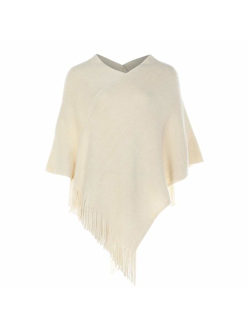 LIKIN Womens Poncho Sweater V Neck Solid Knit Pullover Cape Lightweight Shawl Elegant Wrap with Fringes