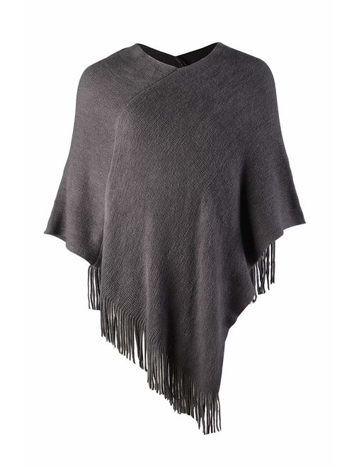 LIKIN Womens Poncho Sweater V Neck Solid Knit Pullover Cape Lightweight Shawl Elegant Wrap with Fringes