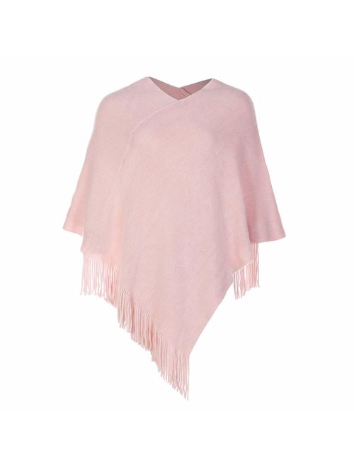 LIKIN Womens Poncho Sweater V Neck Solid Knit Pullover Cape Lightweight Shawl Elegant Wrap with Fringes