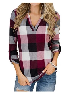 Kyerivs Women's Check Plaid Shirts V Neck Roll Up/Long Sleeve Casual Blouse Tops