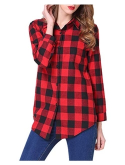 Kyerivs Women's Check Plaid Shirts V Neck Roll Up/Long Sleeve Casual Blouse Tops