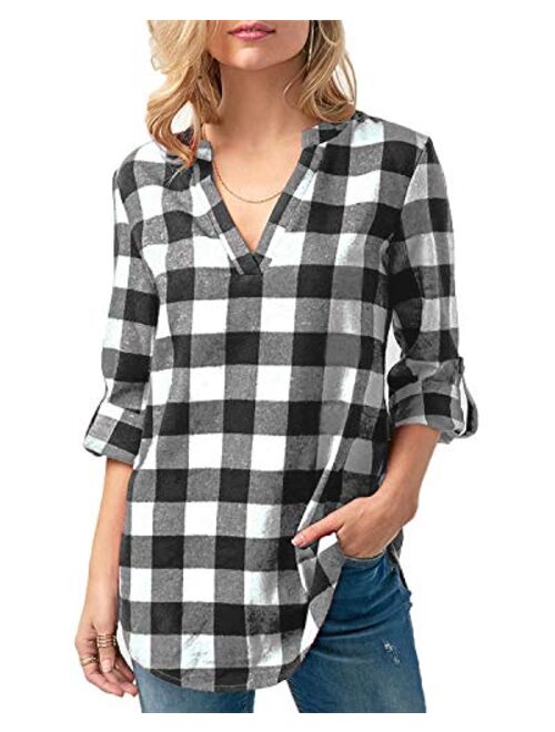 Kyerivs Women's Check Plaid Shirts V Neck Roll Up/Long Sleeve Casual Blouse Tops