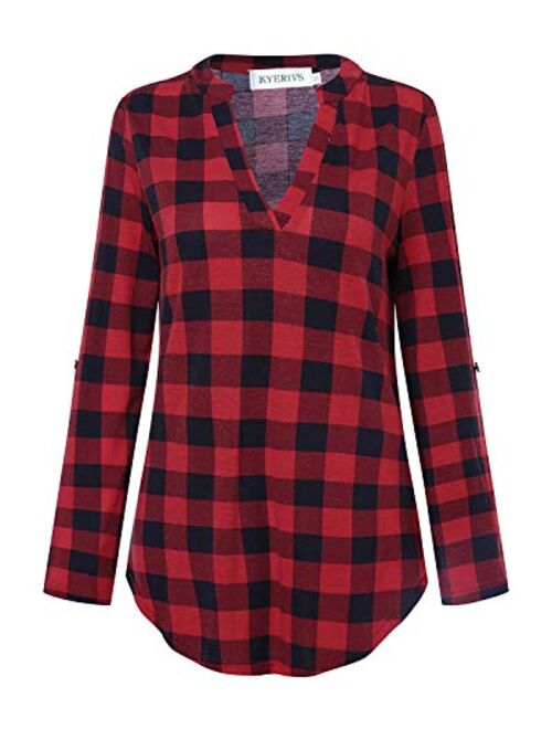 Kyerivs Women's Check Plaid Shirts V Neck Roll Up/Long Sleeve Casual Blouse Tops