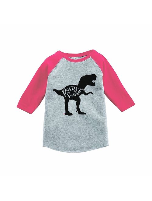 7 ate 9 Apparel Girl's Partysaurus Dinosaur Birthday Pink Raglan Tee - YOUTH LARGE (14-16)