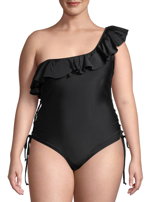 XOXO Womens Plus Size Ruffle One-Shoulder One-Piece Swimsuit