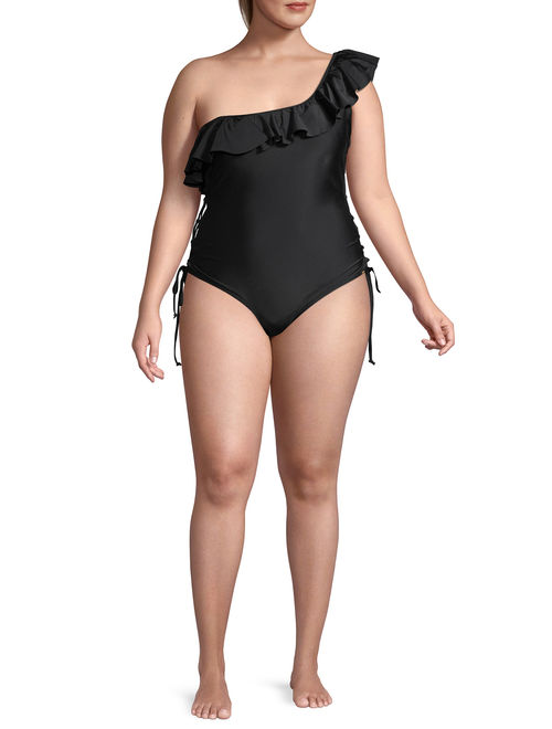 XOXO Womens Plus Size Ruffle One-Shoulder One-Piece Swimsuit