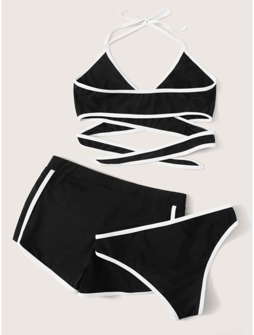 Contrast Piping Wrap Halter Bikini Set With Shorts 3pack