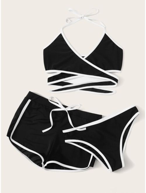 Contrast Piping Wrap Halter Bikini Set With Shorts 3pack