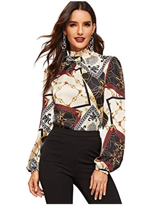 ROMWE Women's Elegant Printed Stand Collar Workwear Blouse Top Shirts