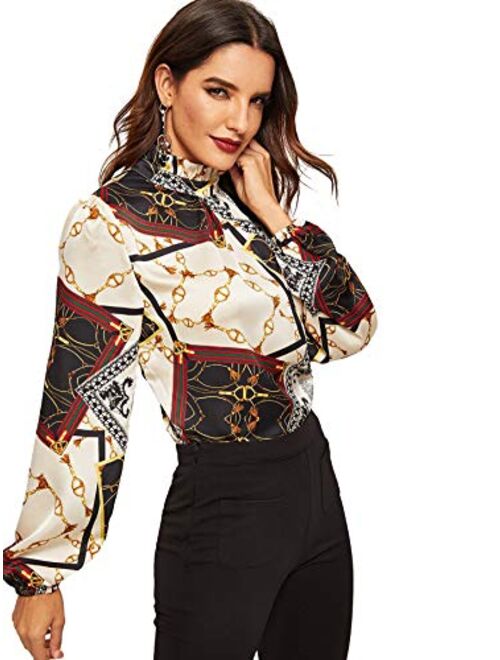 ROMWE Women's Elegant Printed Stand Collar Workwear Blouse Top Shirts