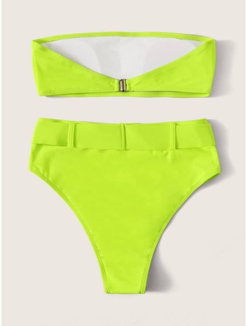 Neon Lime Bandeau With Belted High Waist Bikini Set