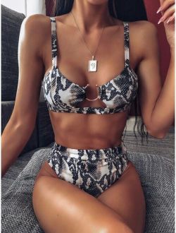 Snakeskin Ring Linked Top With High Waist Bikini Set