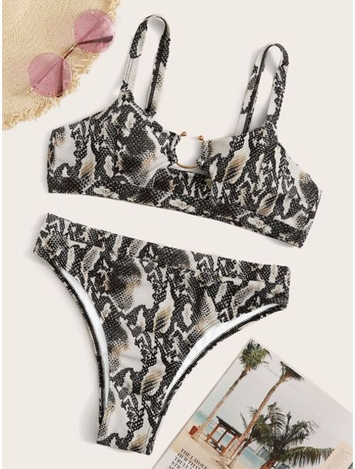 Shein Snakeskin Ring Linked Top With High Waist Bikini Set