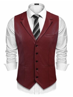 Mens Leather Vest Casual Western Vest Jacket Lightweight V-Neck Suit Vest Waistcoat