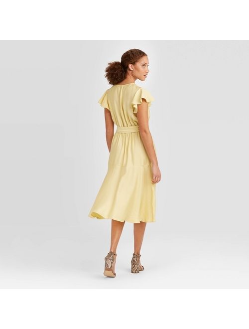 Women's Flutter Short Sleeve V-Neck Wrap Midi Dress - A New Day Lemon