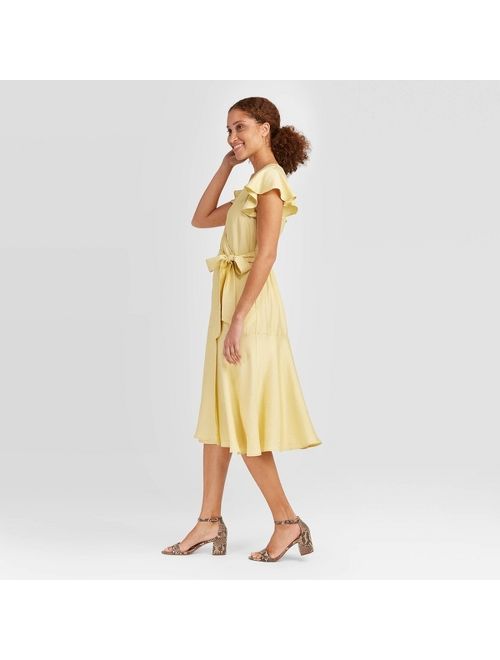 Women's Flutter Short Sleeve V-Neck Wrap Midi Dress - A New Day Lemon