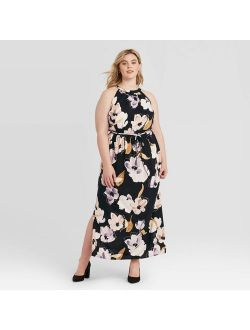 Women's Plus Size Floral Print Sleeveless Smocked Halter Neck Maxi Dress - Ava & Viv Black