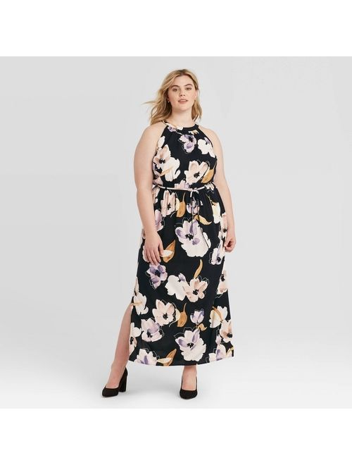 Women's Plus Size Floral Print Sleeveless Smocked Halter Neck Maxi Dress - Ava & Viv Black