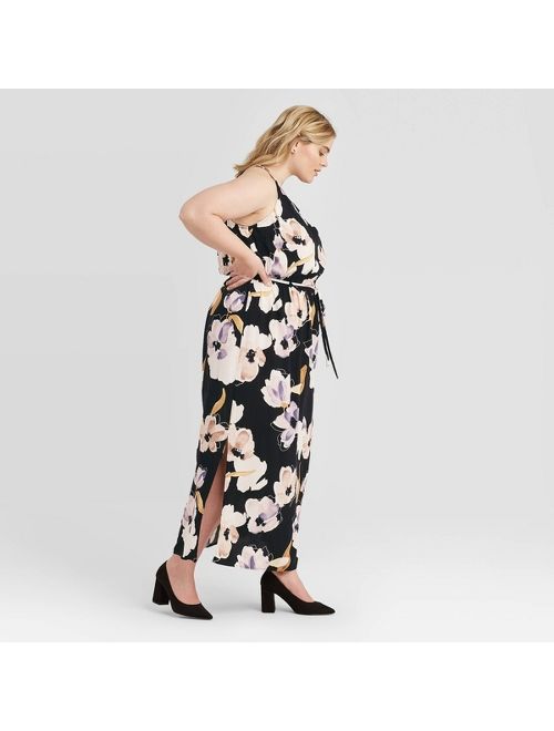 Women's Plus Size Floral Print Sleeveless Smocked Halter Neck Maxi Dress - Ava & Viv Black