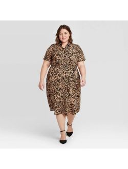 Women's Plus Size Animal Print Short Sleeve Collared Neck Shirtdress - Ava & Viv Tan