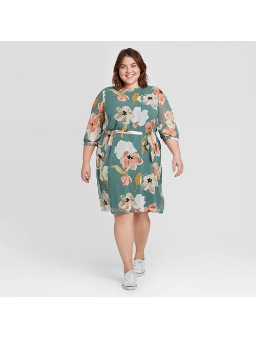 Women's Plus Size Floral Print Long Sleeve Midi Dress - Ava & Viv