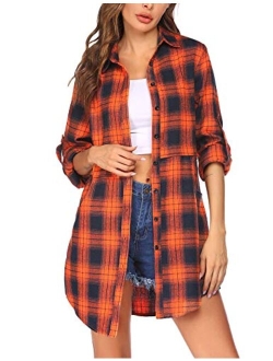 Womens Flannel Plaid Shirts Roll Up Long Sleeve Pockets Mid-Long Casual Boyfriend Shirts