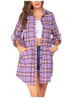 Womens Flannel Plaid Shirts Roll Up Long Sleeve Pockets Mid-Long Casual Boyfriend Shirts