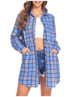 Womens Flannel Plaid Shirts Roll Up Long Sleeve Pockets Mid-Long Casual Boyfriend Shirts