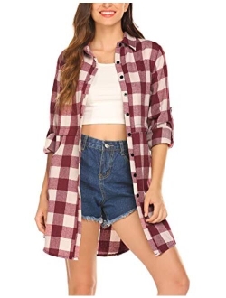 Womens Flannel Plaid Shirts Roll Up Long Sleeve Pockets Mid-Long Casual Boyfriend Shirts