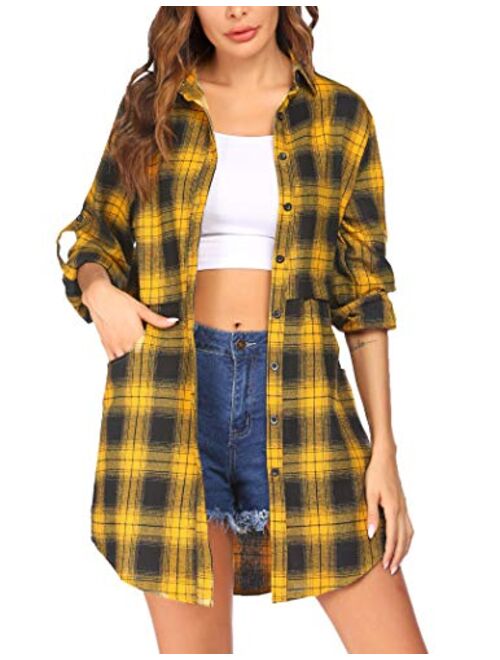 HOTOUCH Womens Flannel Plaid Shirts Roll Up Long Sleeve Pockets Mid-Long Casual Boyfriend Shirts