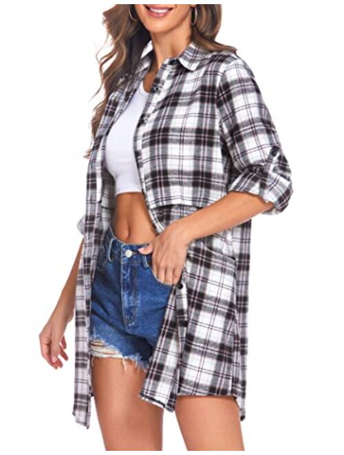 HOTOUCH Womens Flannel Plaid Shirts Roll Up Long Sleeve Pockets Mid-Long Casual Boyfriend Shirts