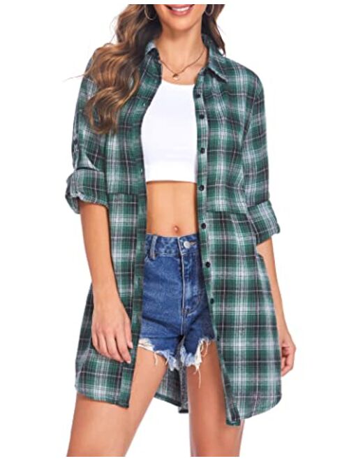 HOTOUCH Womens Flannel Plaid Shirts Roll Up Long Sleeve Pockets Mid-Long Casual Boyfriend Shirts