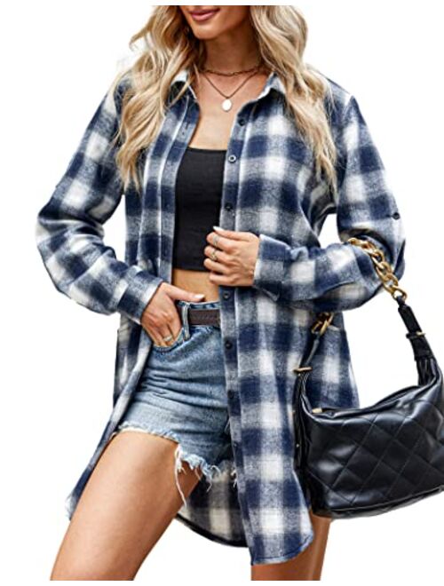 HOTOUCH Womens Flannel Plaid Shirts Roll Up Long Sleeve Pockets Mid-Long Casual Boyfriend Shirts