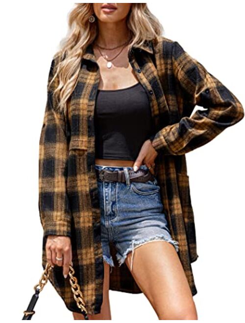 HOTOUCH Womens Flannel Plaid Shirts Roll Up Long Sleeve Pockets Mid-Long Casual Boyfriend Shirts