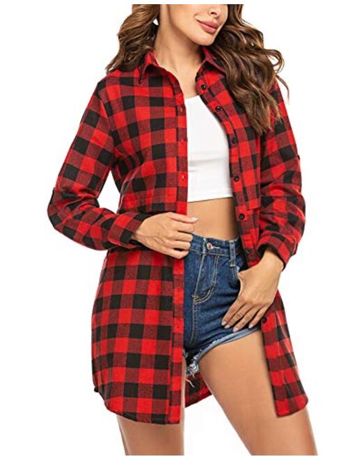 HOTOUCH Womens Flannel Plaid Shirts Roll Up Long Sleeve Pockets Mid-Long Casual Boyfriend Shirts