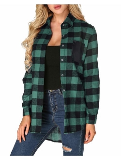 ZANZEA Womens Buffalo Plaid Flannel Shirt Button Down Long Sleeve Tops Collar with Pocket