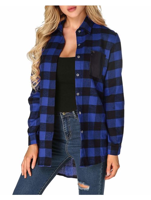 ZANZEA Womens Buffalo Plaid Flannel Shirt Button Down Long Sleeve Tops Collar with Pocket